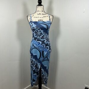 Urban‎ Outfitters XS Bodycon Midi Dress Blue Abstract Print Sleeveless